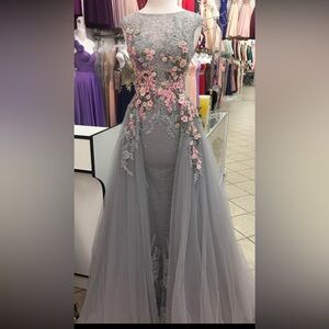 Elegant Gray and Pink Floral Evening Gown